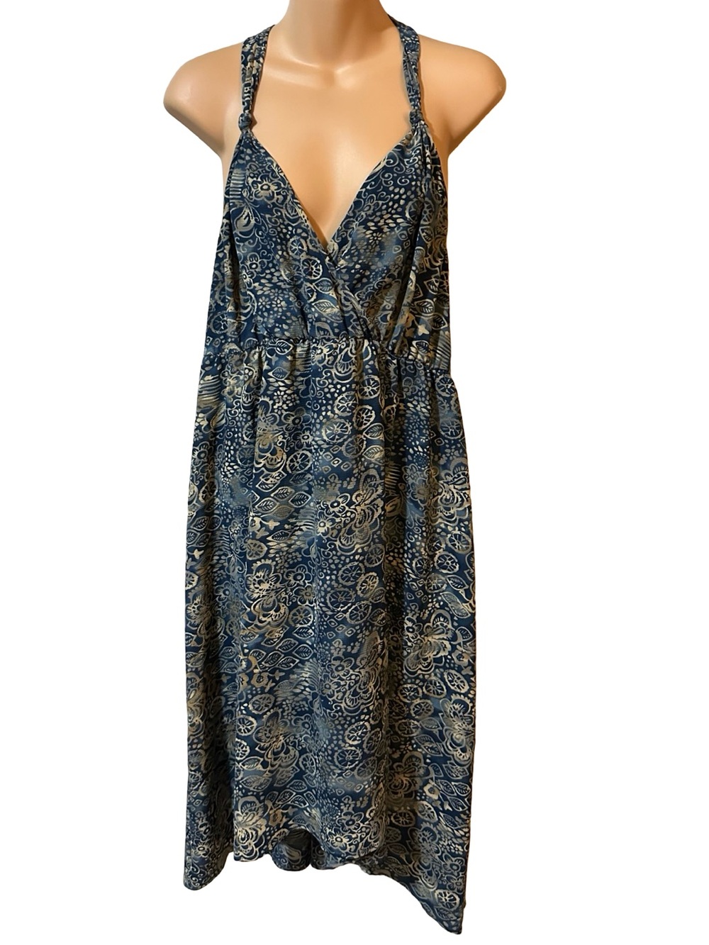 DEX L Halter Midi Dress Blue Tan Paisley Boho V-Neck Slit Tie Back Resort Wear